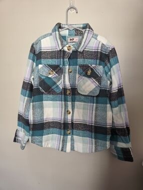 SO Plaid Flannel Button Down Shacket Jacket Aqua Purple Girls S 7